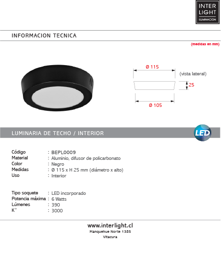 Plafón aluminio negro  Ø11,5 cm LED 6W - BEPL0009