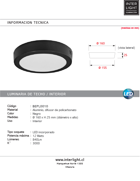 Plafón aluminio negro Ø16 cm LED 12W - BEPL0010