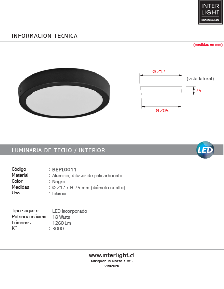 Plafón aluminio negro Ø21,2 cm LED 18W - BEPL0011