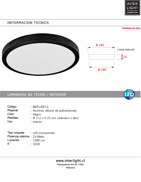 Plafón aluminio negro Ø28 cm LED 24W - BEPL0012