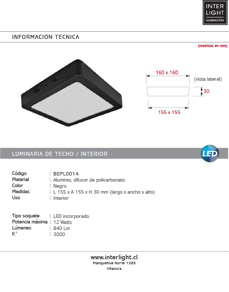 Plafón aluminio negro  15,5 x 15,5 cm LED 12W - BEPL0014