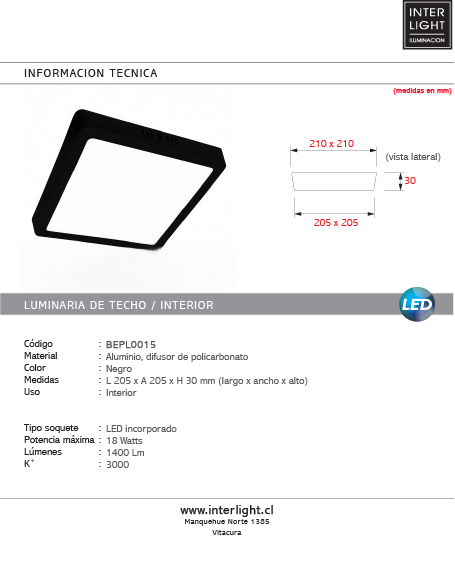 Plafón aluminio negro 20,5x20,5 cm LED 18W - BEPL0015