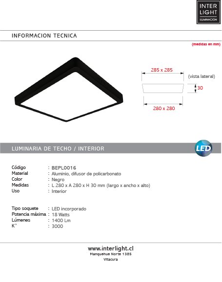 Plafón aluminio negro 28x28 cm LED 24W - BEPL0016