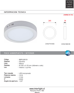 Plafón aluminio blanco Ø 28,5 cm luz fría LED 24W - BEPL0019