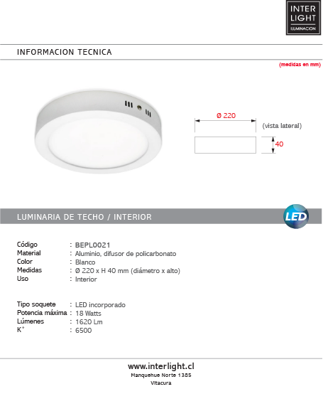 Plafón aluminio blanco Ø22 cm 6500K LED 18W - BEPL0021