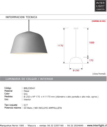 Lámpara colgante metal Gris Ø 25 cm E27 - BRLC0041