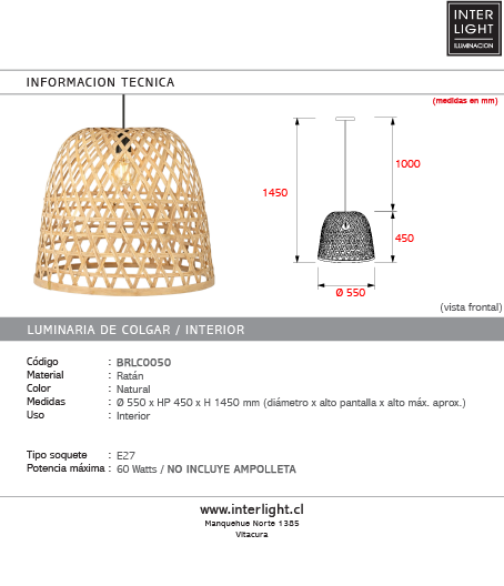 Lámpara colgante ratán natural Ø52 cm E27 - BRLC0050