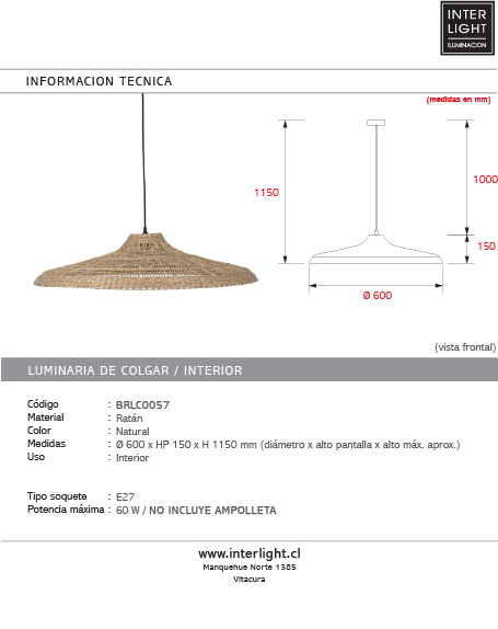 Lámpara colgante ratán natural 60x15 cm E27 - BRLC0057