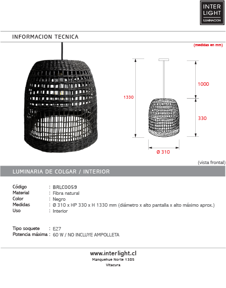 Lámpara colgante fibra natural negro Ø31x33 cm E27 - BRLC0059