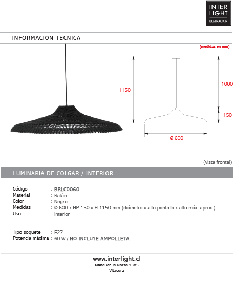 Lámpara colgante fibra natural negro 60x15 cm E27 - BRLC0060