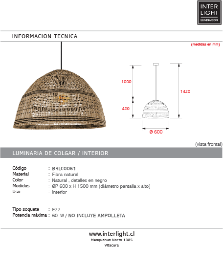 Lámpara colgante fibra natural detalles en negro 60x42 cm E27 - BRLC0061
