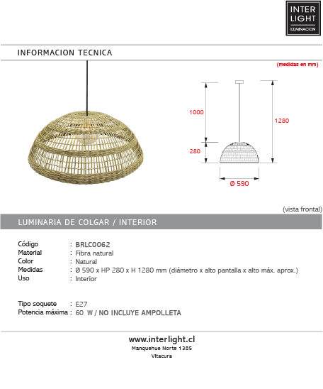 Lámpara colgante Fibra natural 59x28 cm E27 - BRLC0062