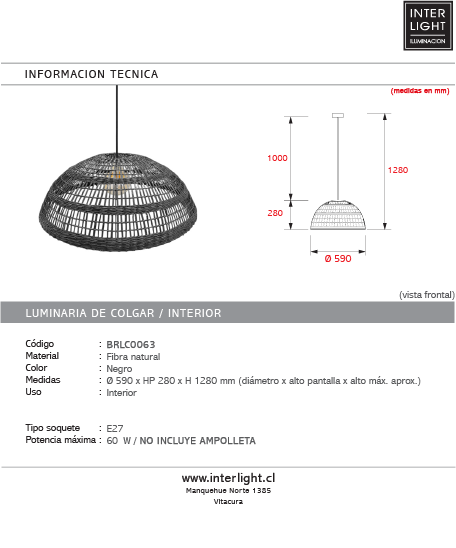 Lámpara colgante fibra natural negro 59x28 cm E27 - BRLC0063