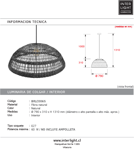 Lámpara colgante fibra natural negro 79x31 cm E27 - BRLC0065