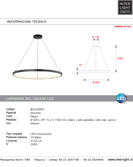 Lámpara colgante aluminio negro aro Ø 60 cm LED 35W - BYLC0001