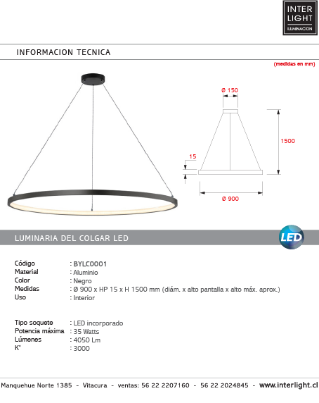 Lámpara colgante aluminio negro aro Ø90 cm LED 45W - BYLC0002