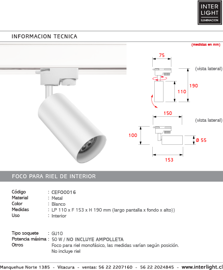 Foco metal blanco para riel monofásico11,4x15,3x19 cm GU10 - CEFO0016