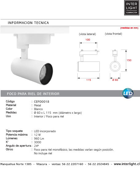 Foco metal blanco para riel monofásico Ø6x10 cm LED 12W - CEFO0018