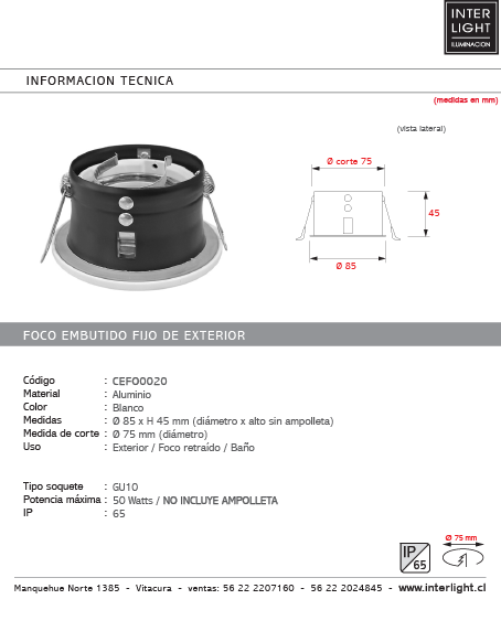 Foco embutido retraído aluminio blanco exterior IP65 Ø8,5 cm GU10 - CEFO0020