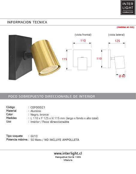 Foco sobrepuesto muro o techo aluminio negro bronce GU10 50W - CEFO0021