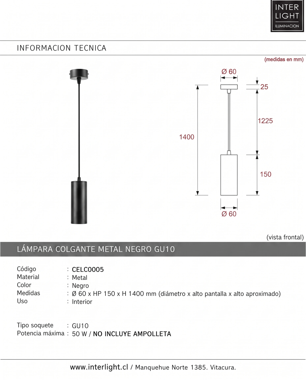 Lámpara colgante metal negro Ø6x15cm cm GU10  - CELC0005