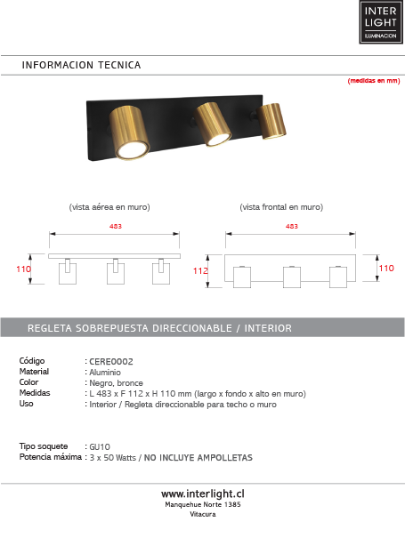 Foco aluminio negro 3 luces Bronce 47,7 cm GU10 - CERE0002