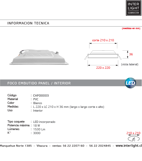 Foco embutido blanco PVC 22X22 cm LED 18W - CHFO0003
