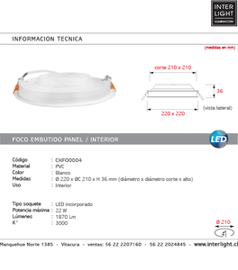 Foco embutido blanco PVC Ø22 cm LED 22W - CHFO0004