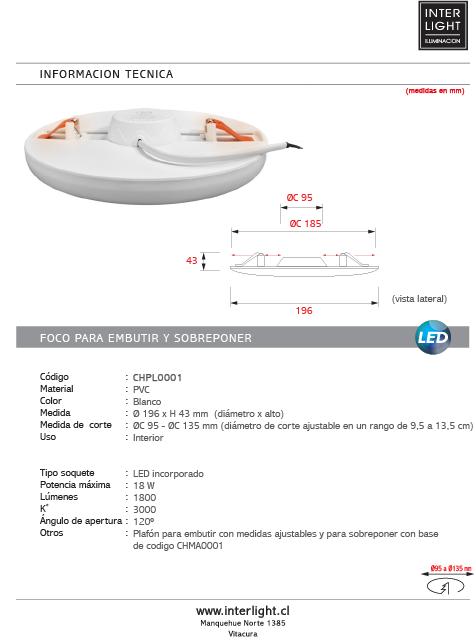 Foco para embutir y sobreponer ajustable Ø19,6 cm 18w LED - CHPL0001