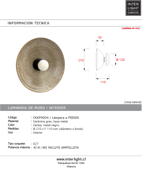 Apliqué cerámica gres ceniza Ø21x11 cm E27 - A pedido - CKAP0004