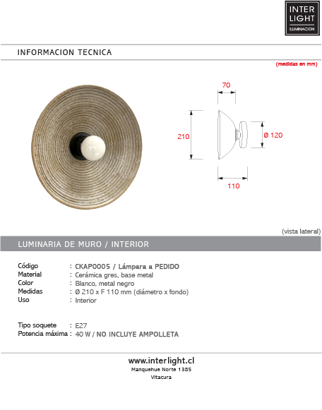 Apliqué cerámica gres blanco Ø21x11 cm E27 - A pedido - CKAP0005