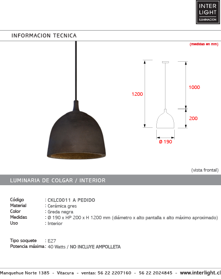 Lámpara colgante greda negra gres cerámica gres Ø19x20 cm E27 - A pedido - CKLC0011