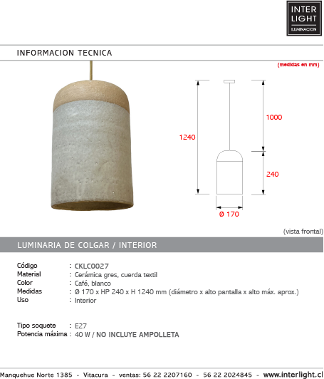 Lámpara colgante cerámica gres E27 - CKLC0027 A pedido