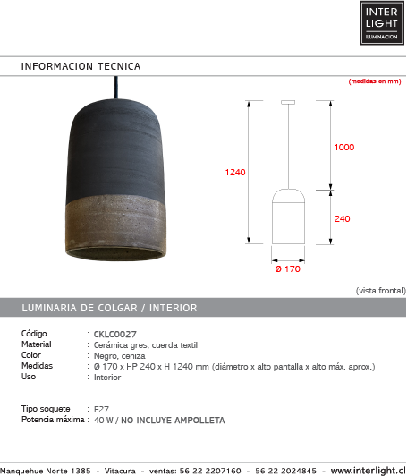 Lámpara colgante cerámica gres E27 - CKLC0027 A pedido