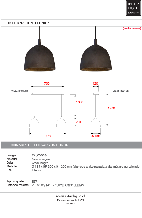 Lámpara colgante cerámica gres 2 luces E27 - A pedido - CKLC0033