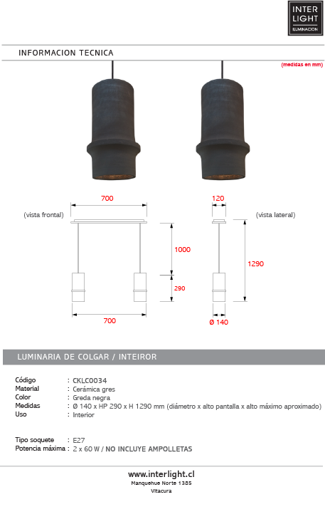 Lámpara colgante cerámica gres 2 luces E27 - A pedido - CKLC0034