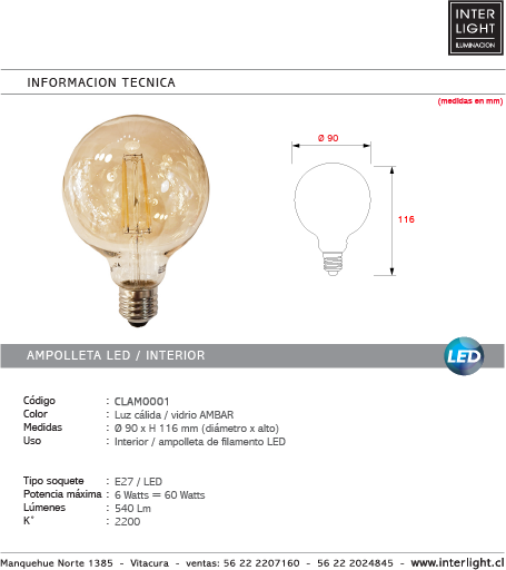 Ampolleta vintage ámbar LED 6W E27 - CLAM0001