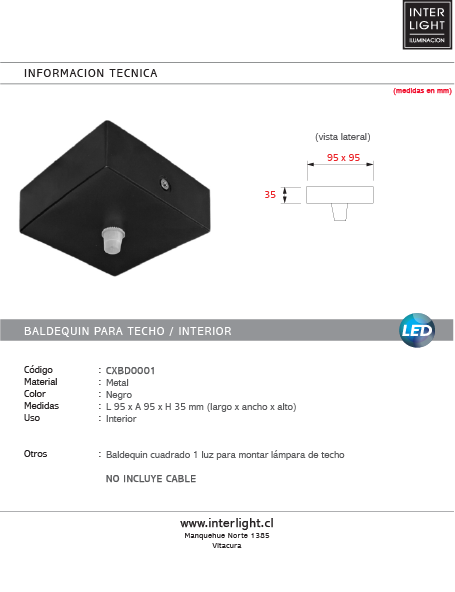 Baldequin metal negro cuadrado  1 luz - CXBD0001