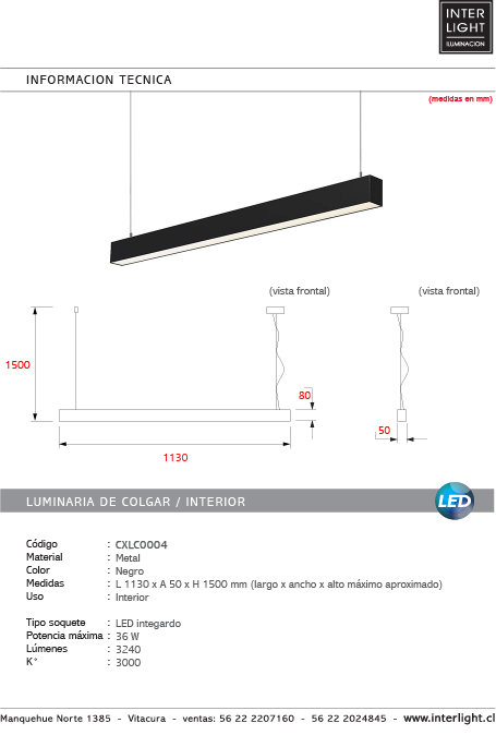 Lámpara colgante lineal largo 1,13 mt. LED 36W - CXLC0004