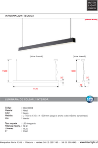 Lámpara colgante lineal largo 1,13 mt. LED 18W - CXLC0008