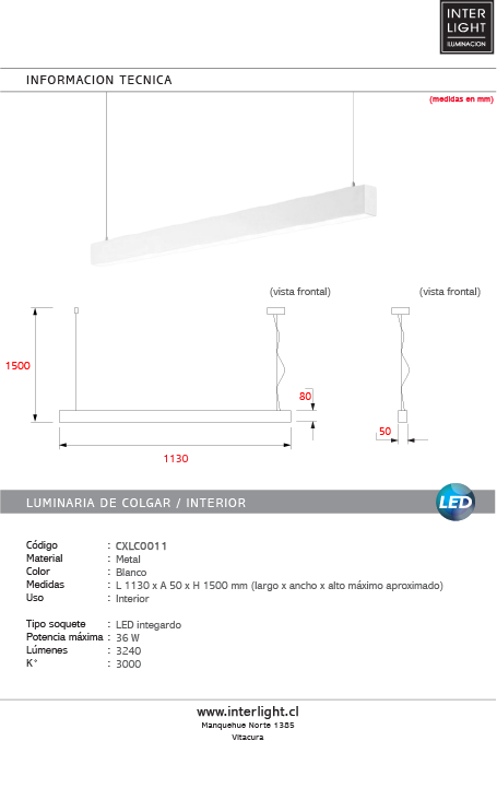 Lámpara colgante lineal Blanca largo 1,13 mt. LED 36W - CXLC0011