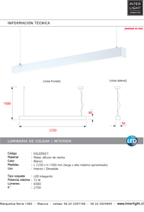 Lámpara colgante lineal blanco largo 2,50 mt. LED 72W - CXLC0021