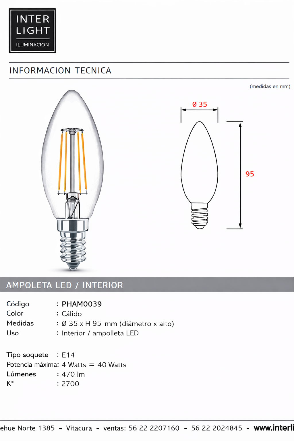 Ampolleta transparente vela luz cálida LED 4W E14 - PHAM0039