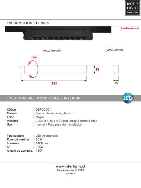 Foco riel monofásico aluminio negro 33,3x3,5x5,5 cm LED 20W - DEFO0004