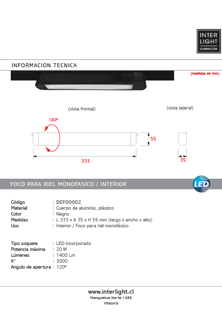 Foco riel monofásico aluminio negro opaco 47,5x4,5 cm LED 20W - DEFO0002