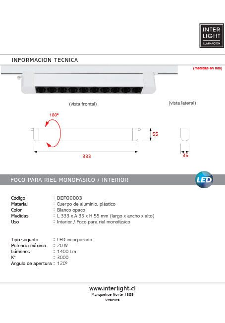 Foco riel monofásico aluminio Blanco Punto de luz 47,5x4,5 cm LED 20W - DEFO0003