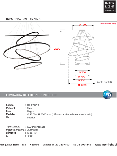 Lámpara colgante metal 5 aros Ø 1,20 mt. LED 237W - DILC0003