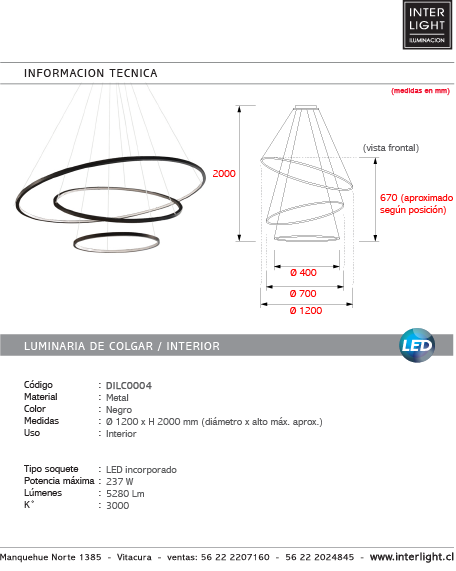 Lámpara colgante metal 3 aros Ø 1,20 mt. LED 150W - DILC0004