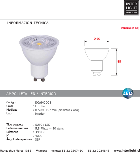 Ampolleta luz neutra interior 5.5w 4000K LED GU10 - DOAM0003