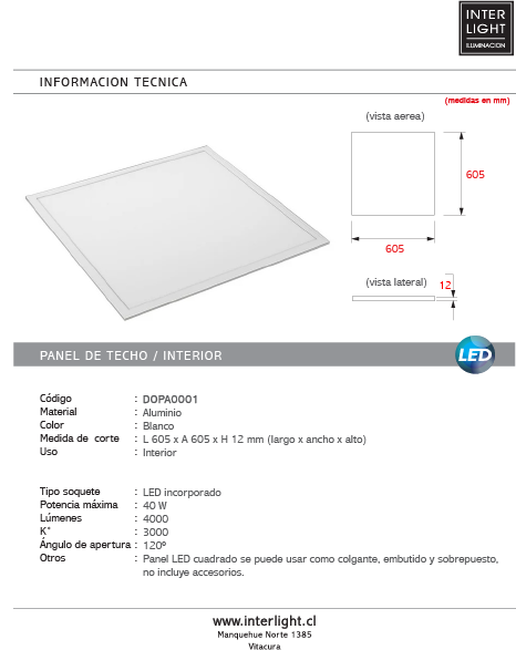 Panel aluminio blanco 60,5x60,5 cm LED 40W - DOPA0001